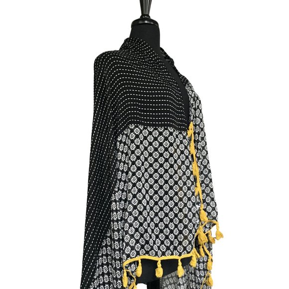 Black White Geometric Striped Yellow Tasseled Wide Long Scarf Wrap Cover Up - Picture 3 of 16